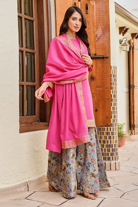 Palak & Mehak Pink Chanderi, Cotton Embroidery Round Nura Kurta And Floral Print Palazzo Set at Aza Fashions Palak & Mehak_Pink Chanderi, Cotton Embroidery Round Nura Kurta And Floral Print Palazzo Set _at_Aza_Fashions