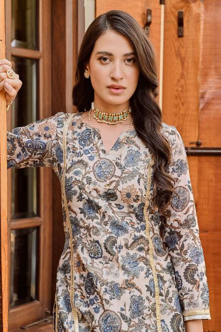 Shop Palak & Mehak Grey Chanderi, Cotton Embroidery, Gota Patti Nura Flower Bloom Print Kurta Set Online at Aza Fashions Shop_Palak & Mehak_Grey Chanderi, Cotton Embroidery, Gota Patti Nura Flower Bloom Print Kurta Set _Online_at_Aza_Fashions