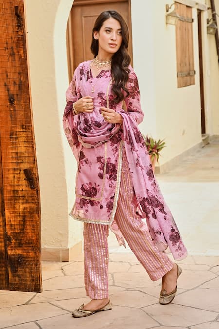 Shop Palak & Mehak Pink Chanderi, Cotton Embroidery, Gota Nura Blooming Flower Print Kurta Set at Aza Fashions Shop_Palak & Mehak_Pink Chanderi, Cotton Embroidery, Gota Nura Blooming Flower Print Kurta Set _at_Aza_Fashions