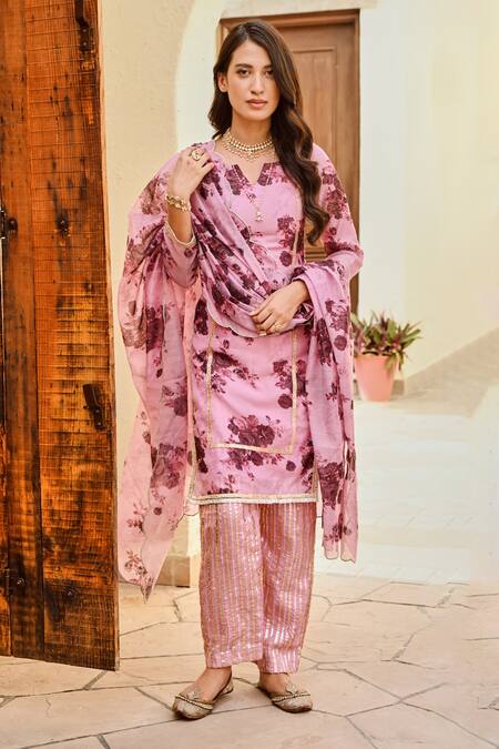Buy Palak & Mehak Pink Chanderi, Cotton Embroidery, Gota Nura Blooming Flower Print Kurta Set Online at Aza Fashions Buy_Palak & Mehak_Pink Chanderi, Cotton Embroidery, Gota Nura Blooming Flower Print Kurta Set _Online_at_Aza_Fashions