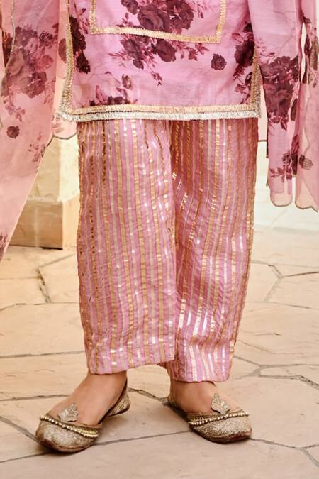 Shop Palak & Mehak Pink Chanderi, Cotton Embroidery, Gota Nura Blooming Flower Print Kurta Set Online at Aza Fashions Shop_Palak & Mehak_Pink Chanderi, Cotton Embroidery, Gota Nura Blooming Flower Print Kurta Set _Online_at_Aza_Fashions