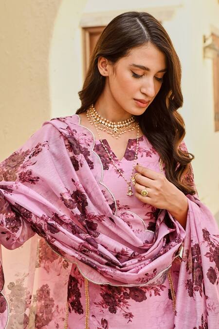 Palak & Mehak Pink Chanderi, Cotton Embroidery, Gota Nura Blooming Flower Print Kurta Set at Aza Fashions Palak & Mehak_Pink Chanderi, Cotton Embroidery, Gota Nura Blooming Flower Print Kurta Set _at_Aza_Fashions