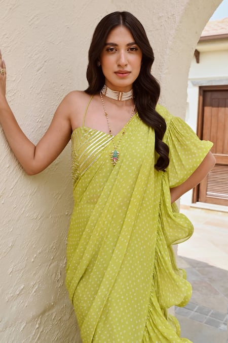 Shop Palak & Mehak Green Crepe Gota Patti Square Neck Rara Bandhani Print Saree And Blouse Set Online at Aza Fashions Shop_Palak & Mehak_Green Crepe Gota Patti Square Neck Rara Bandhani Print Saree And Blouse Set _Online_at_Aza_Fashions