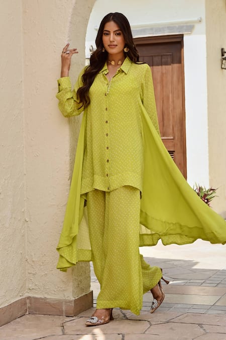 Palak & Mehak Green Pure Crepe Print Bandhani Collared Neck Ria Tunic With Pant 