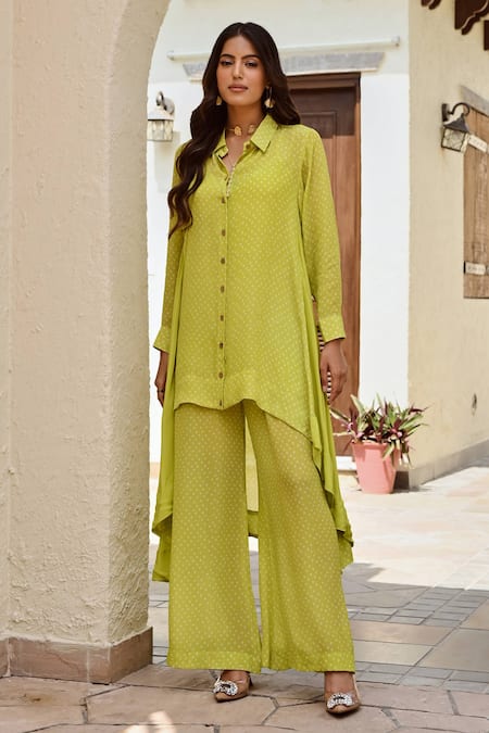 Buy Palak & Mehak Green Crepe Collared Ria Bandhani Print Tunic With Pant Online at Aza Fashions Buy_Palak & Mehak_Green Crepe Collared Ria Bandhani Print Tunic With Pant _Online_at_Aza_Fashions