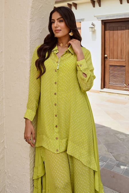 Buy Palak & Mehak Green Crepe Collared Ria Bandhani Print Tunic With Pant Buy_Palak & Mehak_Green Crepe Collared Ria Bandhani Print Tunic With Pant