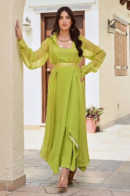 Palak & Mehak Green Pure Crepe Print Bandhani Jacket Collar Samara Dress And Set 