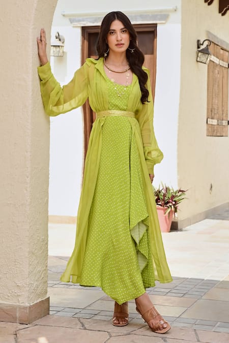 Palak & Mehak Green Crepe, Organza Embroidery Samara Bandhani Print Dress And Jacket Set Online at Aza Fashions Palak & Mehak_Green Crepe, Organza Embroidery Samara Bandhani Print Dress And Jacket Set _Online_at_Aza_Fashions