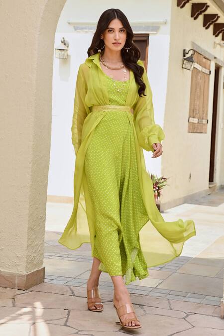 Buy Palak & Mehak Green Crepe, Organza Embroidery Samara Bandhani Print Dress And Jacket Set Online at Aza Fashions Buy_Palak & Mehak_Green Crepe, Organza Embroidery Samara Bandhani Print Dress And Jacket Set _Online_at_Aza_Fashions