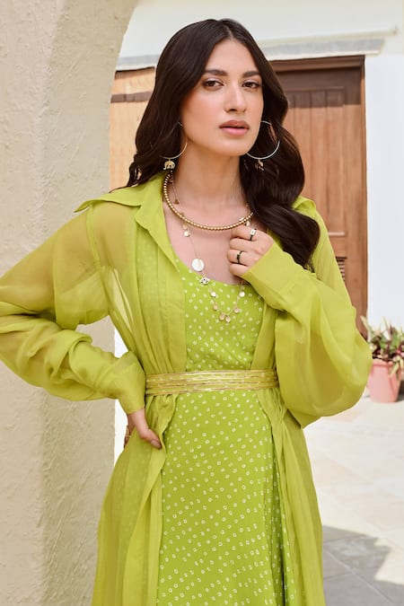 Palak & Mehak Green Crepe, Organza Embroidery Samara Bandhani Print Dress And Jacket Set at Aza Fashions Palak & Mehak_Green Crepe, Organza Embroidery Samara Bandhani Print Dress And Jacket Set _at_Aza_Fashions