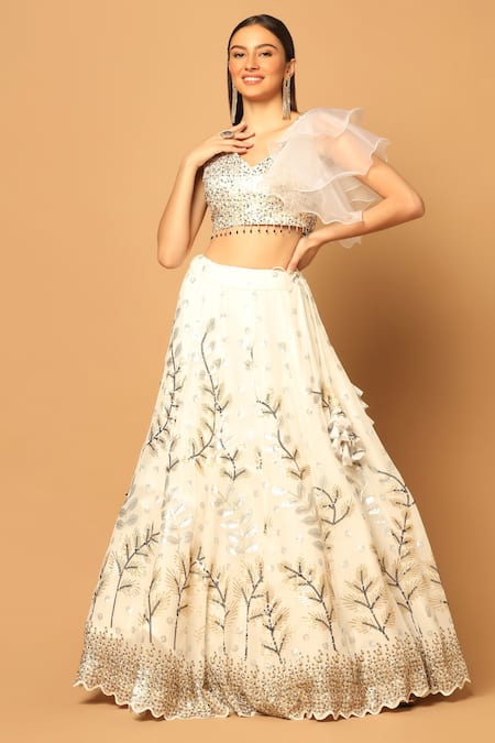 Two Sisters By Gyans White Georgette Beads, Sequins V-neck Garden Embroidered Lehenga Set Online at Aza Fashions Two Sisters By Gyans_White Georgette Beads, Sequins V-neck Garden Embroidered Lehenga Set _Online_at_Aza_Fashions