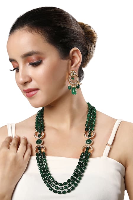 Hrisha Jewels Cream Kundan Polki Multi-layered Long Necklace Set 