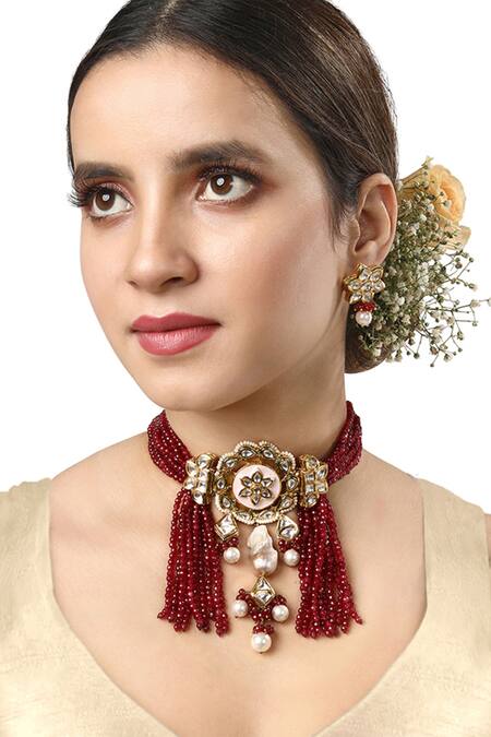 HRISHA Gold Plated Pearls, Diamonds Hand Painted Meenakari Choker Set