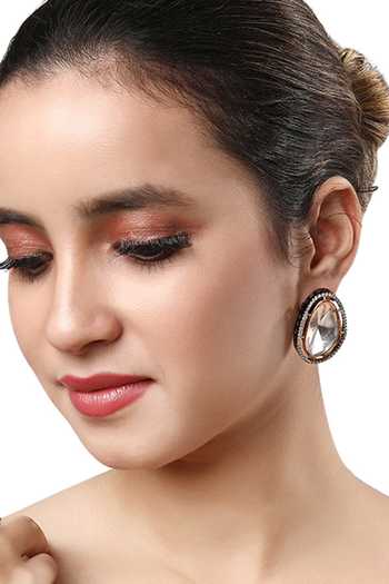 Shop_HRISHA_Black Metallic Thread, Diamonds Embellished Moissanite Polki Studs _Online_at_Aza_Fashions