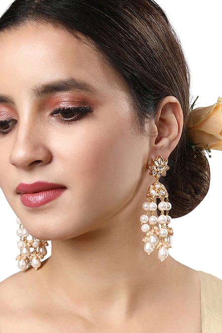 Shop_HRISHA_Gold Plated Kundan Polki Embellished Jhumkis _Online_at_Aza_Fashions