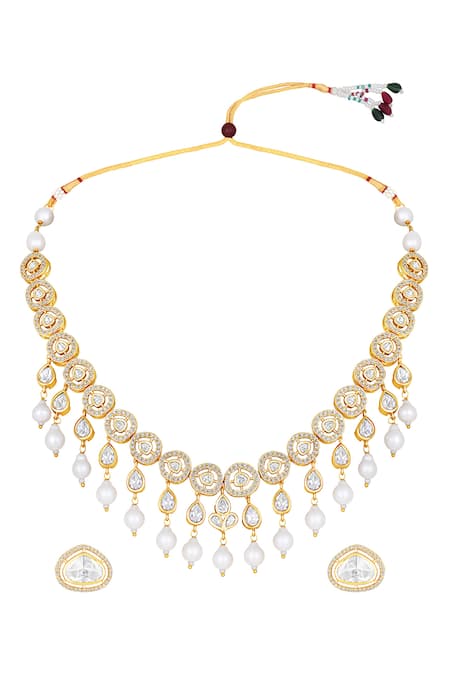Shop HRISHA Cream Stones, Rhinestones Shell Pearl Embellished Necklace Set at Aza Fashions Shop_HRISHA_Cream Stones, Rhinestones Shell Pearl Embellished Necklace Set _at_Aza_Fashions