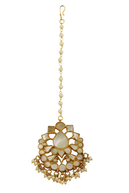 Shop Riana Jewellery Gold Plated Bead Drop Maangtikka at Aza Fashions Shop_Riana Jewellery_Gold Plated Bead Drop Maangtikka _at_Aza_Fashions