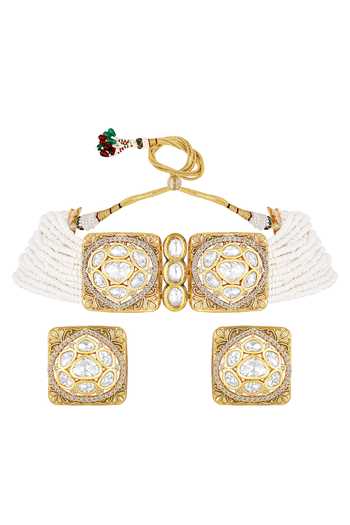 Shop HRISHA Cream Crystals, Pearls Embellished Necklace Set at Aza Fashions Shop_HRISHA_Cream Crystals, Pearls Embellished Necklace Set _at_Aza_Fashions