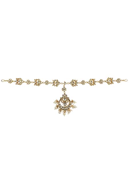 Shop Riana Jewellery Gold Plated Pearls And Jadtar Stone Embellished Mathapatti at Aza Fashions Shop_Riana Jewellery_Gold Plated Pearls And Jadtar Stone Embellished Mathapatti _at_Aza_Fashions