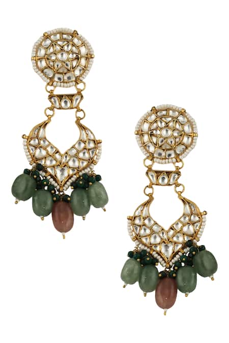 Shop_Riana Jewellery_Gold Plated Pearls, Beads Stone Carved Dangler Earrings _at_Aza_Fashions