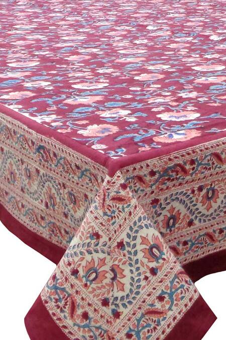 Cocobee Red Cotton Hand Block Print Floral Jaal Table Cloth