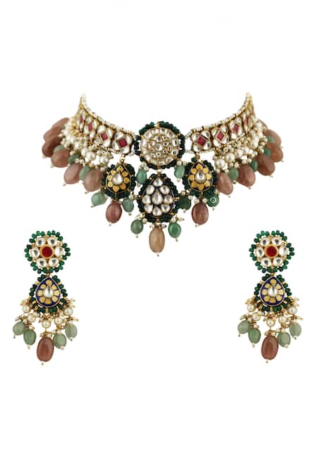 Shop_Riana Jewellery_Gold Plated Beads, Stones Studded Necklace Set _at_Aza_Fashions