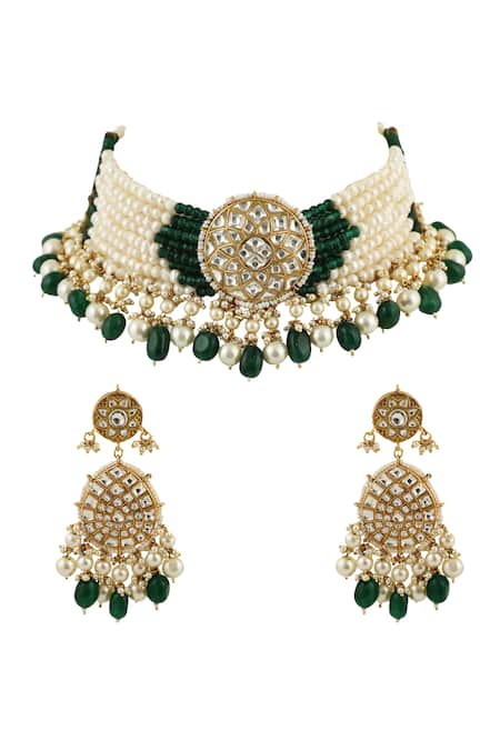 Shop Riana Jewellery Gold Plated Glitter, Stones, Beads Embellished Necklace Set at Aza Fashions Shop_Riana Jewellery_Gold Plated Glitter, Stones, Beads Embellished Necklace Set _at_Aza_Fashions