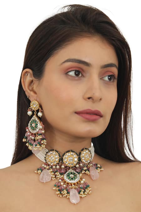 Riana Jewellery Gold Plated Real Jadtar Stones Pearl Embellished Necklace Set 