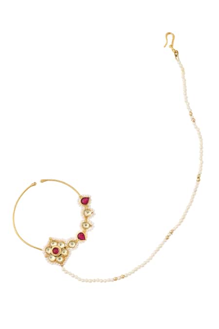 Shop_MAISARA JEWELRY_Gold Plated Pearls, Stones Kundan Nath _at_Aza_Fashions