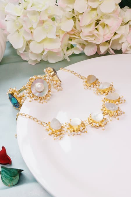 Shop Ishhaara White Bead Drop Necklace Set at Aza Fashions Shop_Ishhaara_White Bead Drop Necklace Set _at_Aza_Fashions