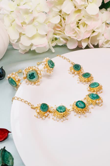 Shop Ishhaara Green Pearls, Stones Embellished Necklace Set at Aza Fashions Shop_Ishhaara_Green Pearls, Stones Embellished Necklace Set _at_Aza_Fashions