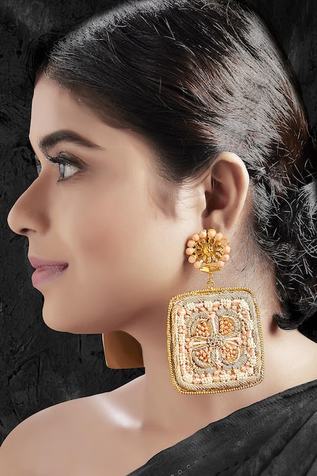 Tizora Gold Plated Embroidery, Beads Dangler Earrings 