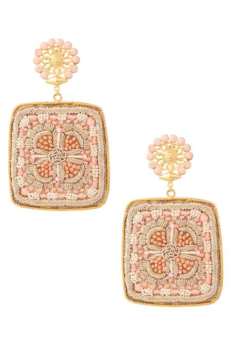 Shop Tizora Gold Plated Embroidery, Beads Dangler Earrings at Aza Fashions Shop_Tizora_Gold Plated Embroidery, Beads Dangler Earrings _at_Aza_Fashions