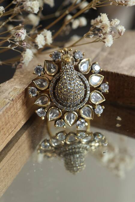 Shop Paisley Pop Gold Plated Zari Antique Peacock Polki Ring at Aza Fashions Shop_Paisley Pop_Gold Plated Zari Antique Peacock Polki Ring _at_Aza_Fashions