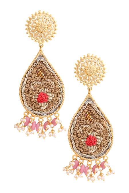 Shop Tizora Gold Plated Beads, Pearls Embroidered Dangler Earrings at Aza Fashions Shop_Tizora_Gold Plated Beads, Pearls Embroidered Dangler Earrings _at_Aza_Fashions