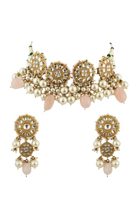 Shop Riana Jewellery Gold Plated Glitter, Pearls, Stones Floral Carved Necklace Set at Aza Fashions Shop_Riana Jewellery_Gold Plated Glitter, Pearls, Stones Floral Carved Necklace Set _at_Aza_Fashions