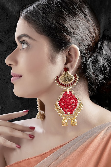 Tizora Gold Plated Beads, Zari, Embroidery Jhumka Danglers 