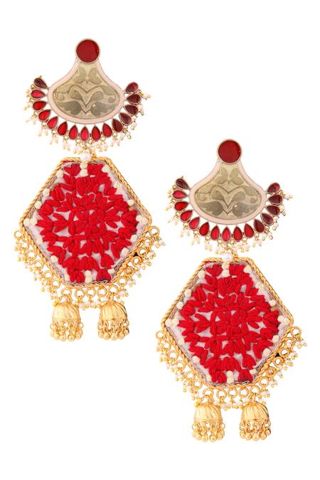 Shop_Tizora_Gold Plated Beads, Zari, Embroidery Jhumka Danglers _at_Aza_Fashions
