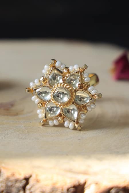 Shop Paisley Pop Gold Plated Diamonds, Pearls Floral Kundan Ring at Aza Fashions Shop_Paisley Pop_Gold Plated Diamonds, Pearls Floral Kundan Ring _at_Aza_Fashions