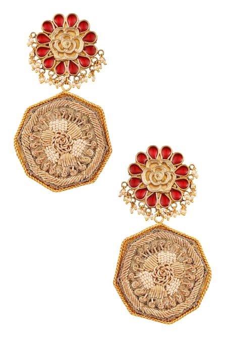 Shop Tizora Gold Plated Metallic Thread Meenakari Floral Danglers at Aza Fashions Shop_Tizora_Gold Plated Metallic Thread Meenakari Floral Danglers _at_Aza_Fashions