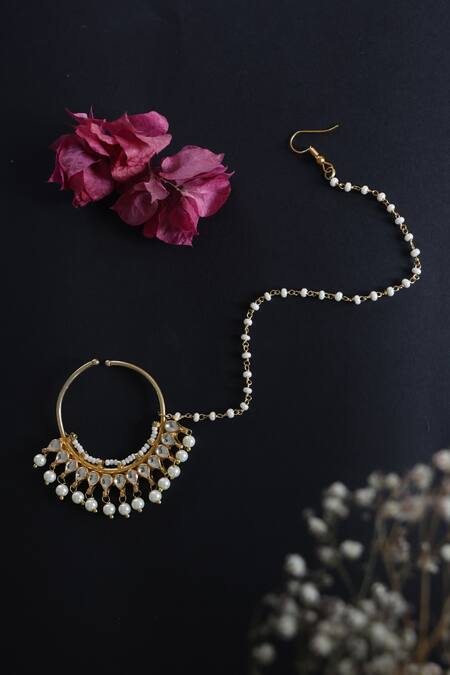 Shop_Paisley Pop_Gold Plated Diamonds, Pearls Kundan Nosepin_at_Aza_Fashions