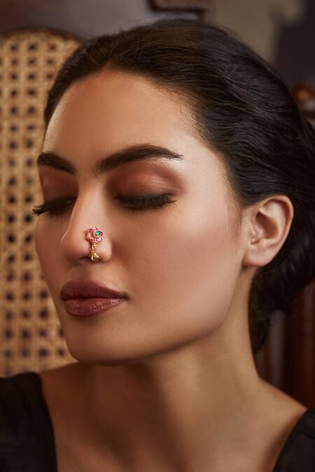 Paisley Pop_Pink Diamonds, Beads Floral Nosepin_Online_at_Aza_Fashions