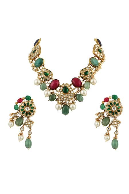 Shop Riana Jewellery Gold Plated Pearls, Beads Stone Carved Necklace Set at Aza Fashions Shop_Riana Jewellery_Gold Plated Pearls, Beads Stone Carved Necklace Set _at_Aza_Fashions