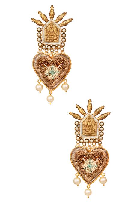Shop Tizora Gold Plated Beads, Embroidery Antique Handcrafted Danglers at Aza Fashions Shop_Tizora_Gold Plated Beads, Embroidery Antique Handcrafted Danglers _at_Aza_Fashions