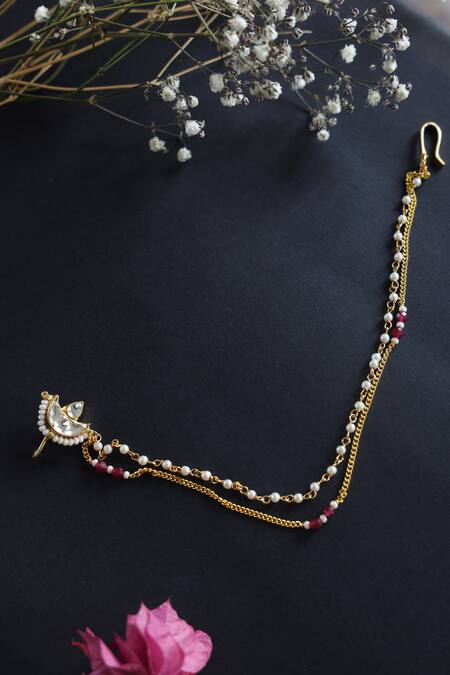 Shop Paisley Pop Gold Plated Diamonds, Pearls, Stones Kundan Nosepin at Aza Fashions Shop_Paisley Pop_Gold Plated Diamonds, Pearls, Stones Kundan Nosepin_at_Aza_Fashions