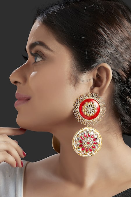 Tizora Gold Plated Metallic Thread, Stones Meenakari Kundan Danglers 