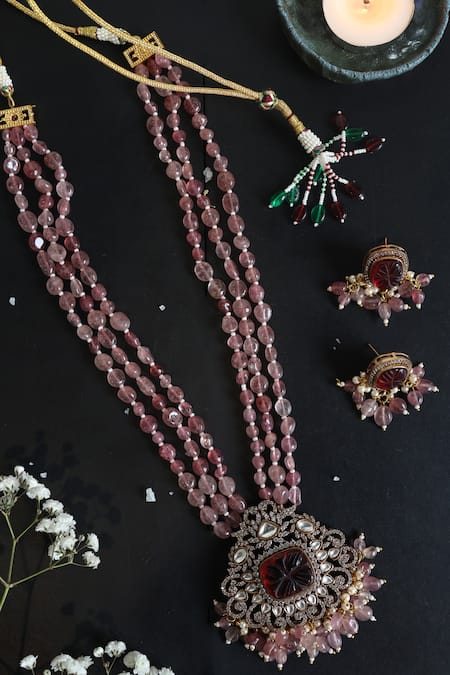 Shop Paisley Pop Pink Diamonds, Pearls Victorian Polki Pendant Necklace Jewellery Set at Aza Fashions Shop_Paisley Pop_Pink Diamonds, Pearls Victorian Polki Pendant Necklace Jewellery Set _at_Aza_Fashions