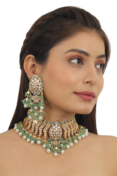 Riana Jewellery Gold Plated Real Jadtar Stones Bead Drop Necklace Set 