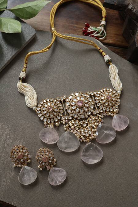 Shop Paisley Pop Gold Plated Kundan Floral Necklace Set at Aza Fashions Shop_Paisley Pop_Gold Plated Kundan Floral Necklace Set_at_Aza_Fashions