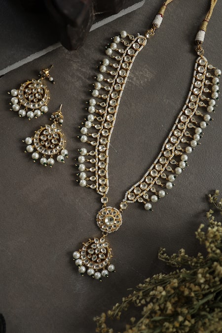 Shop Paisley Pop Gold Plated Diamonds, Pearls Polki Necklace Set at Aza Fashions Shop_Paisley Pop_Gold Plated Diamonds, Pearls Polki Necklace Set _at_Aza_Fashions